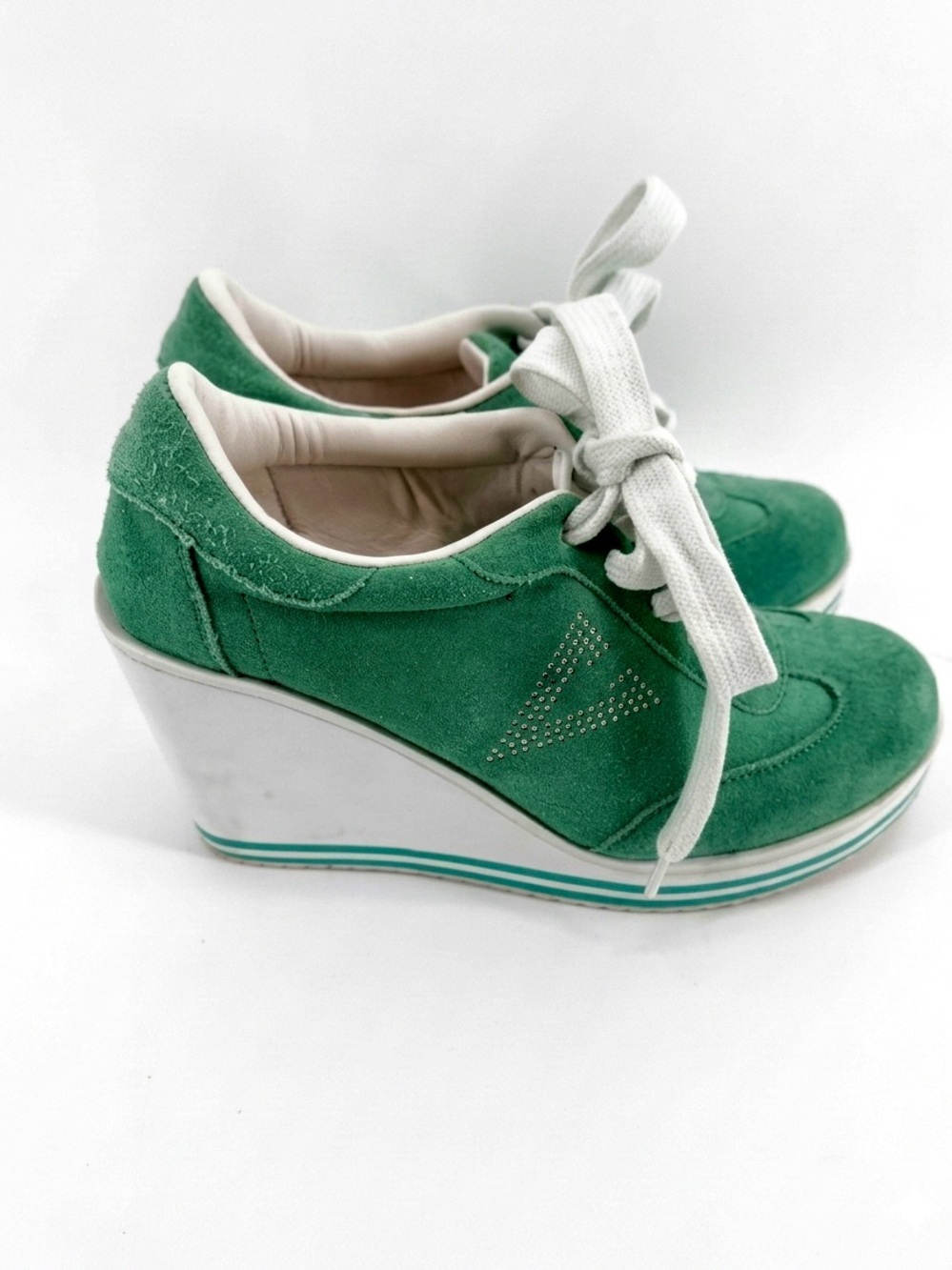 Volatile Green Suede Wedge Sneakers with White Laces